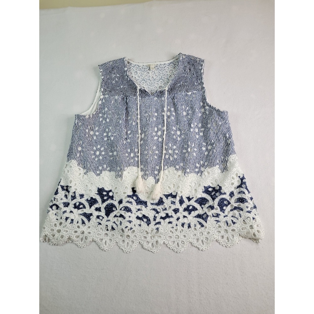 Cato Womens Blue White‎ Striped Eyelet Lace Sleeveless Blouse Plus Size 18/20W